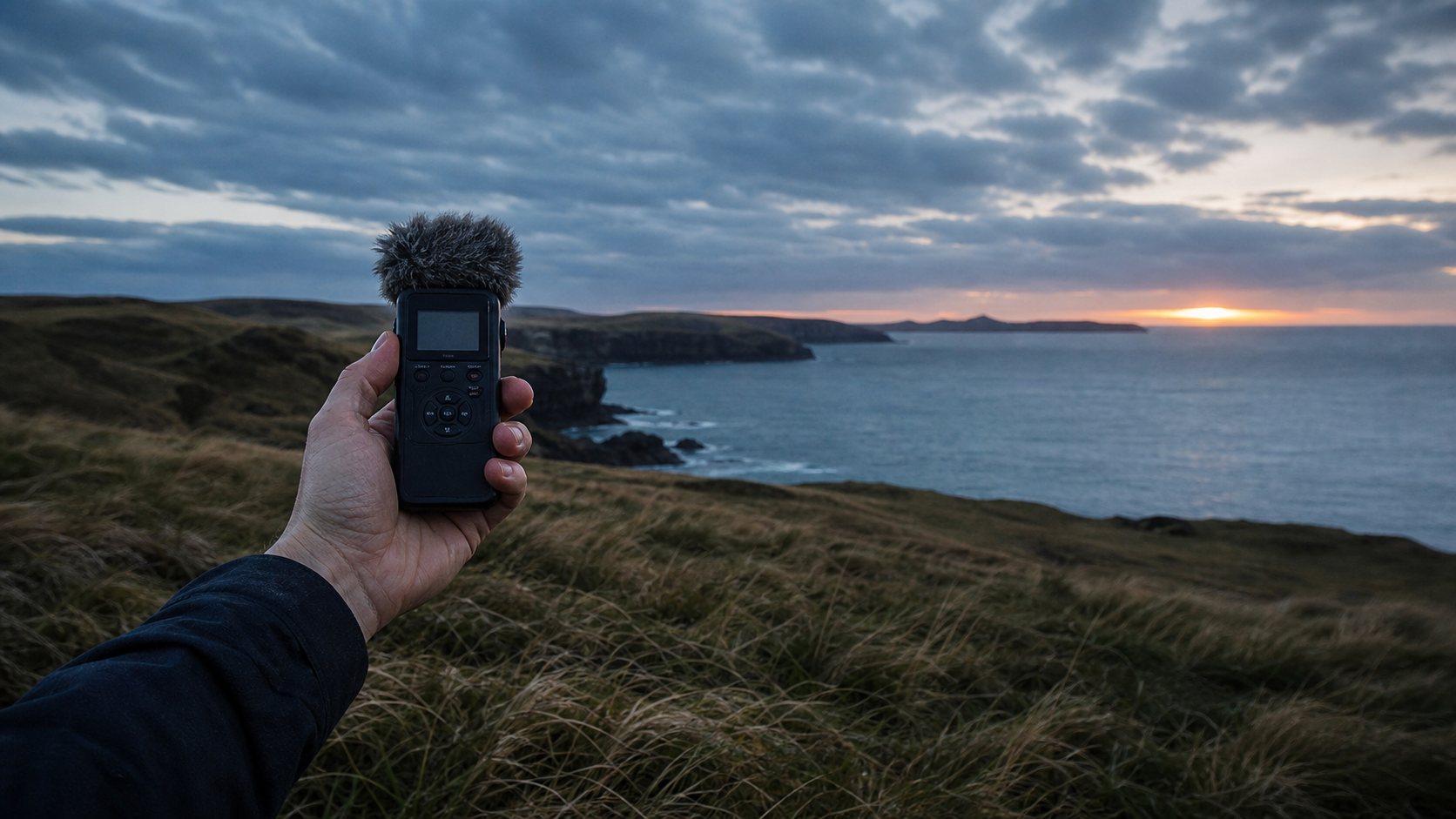 A portable audio recorder held toward a windswept coastal landscape at dusk