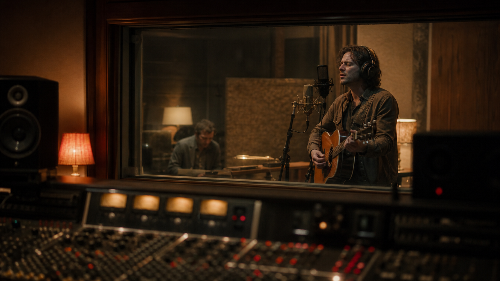 A musician seen through studio glass recording beside microphones and analogue equipment